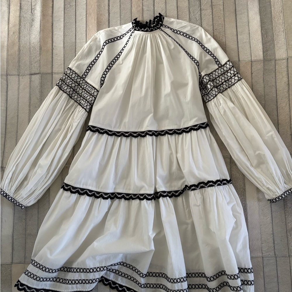 Ulla Johnson White and Black Lace Trim Dress